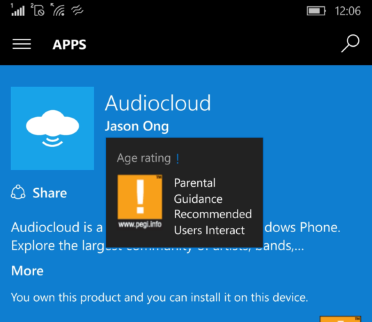 Windows Store starts showing an option to view the Age rating Parental Guidance details