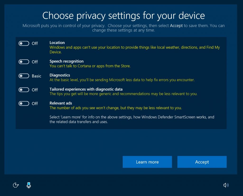 Windows 10 OOBE privacy