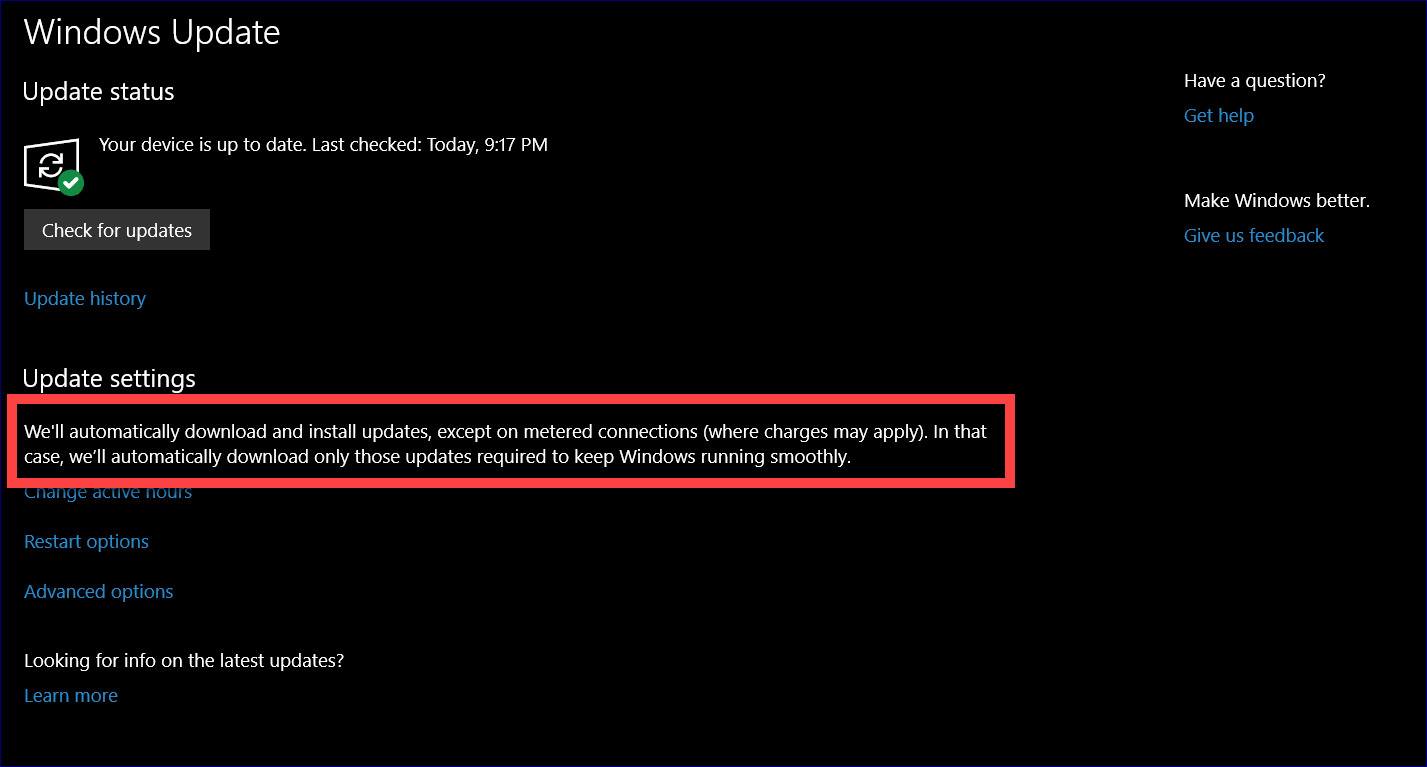 Windows Update reminds that it will download updates automatically on unmetered connections