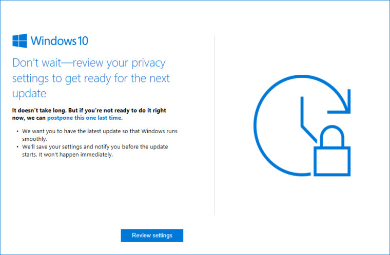 Microsoft reminding users to review Privacy Settings and install the