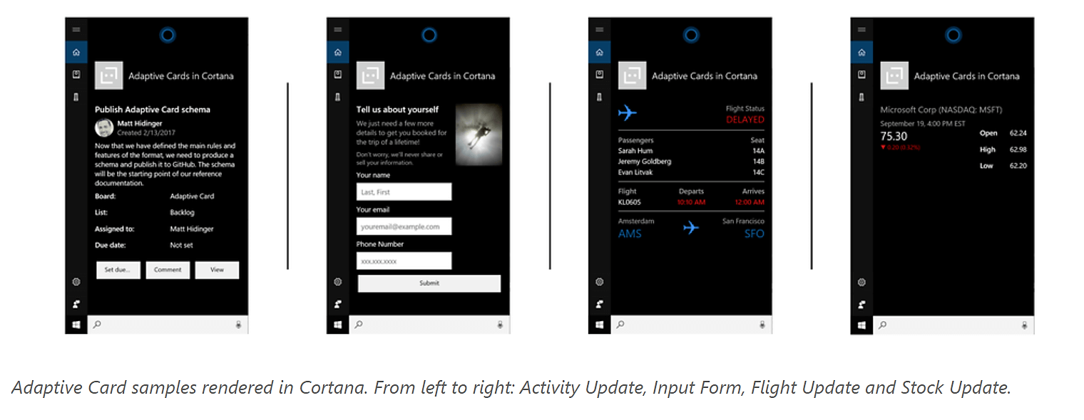 Adaptive Card samples rendered in Cortana.