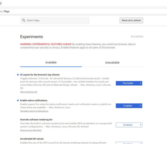 Google Chrome Canary Flags Page
