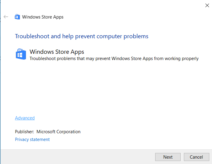 Windos Store Apps Troubleshooter