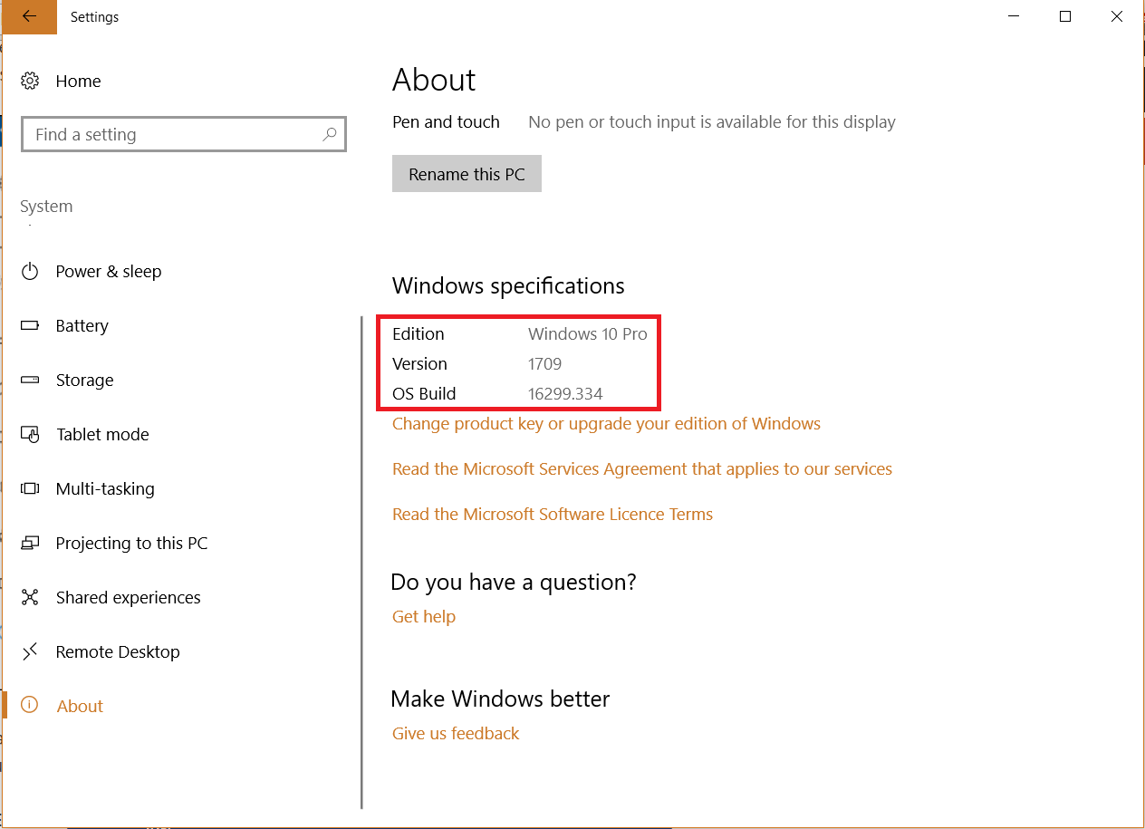 About section in Settings