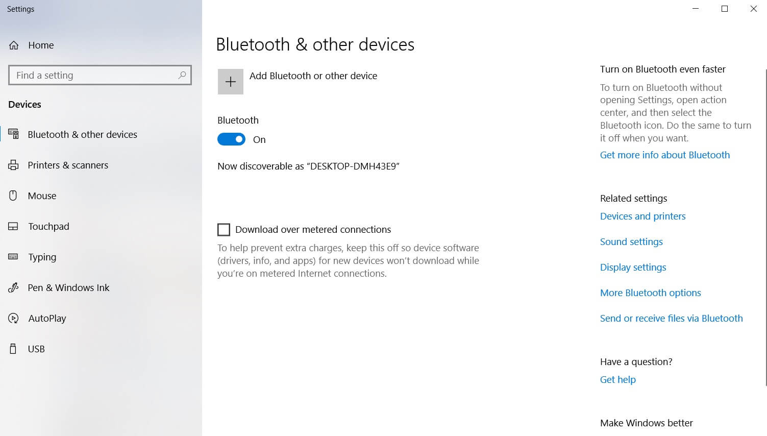 Bluetooth settings in Windows 10