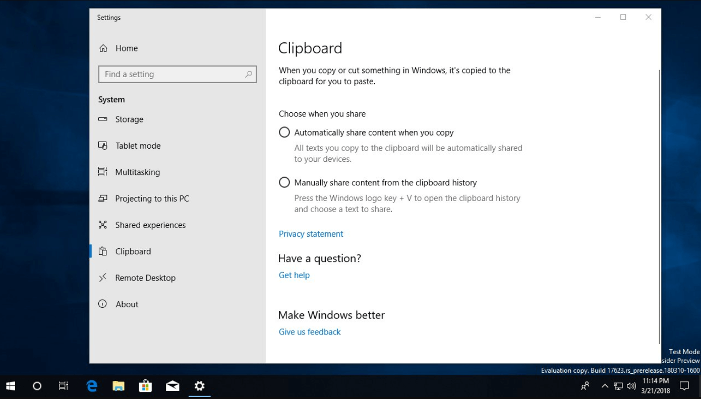 Cloud Clipboard Settings page