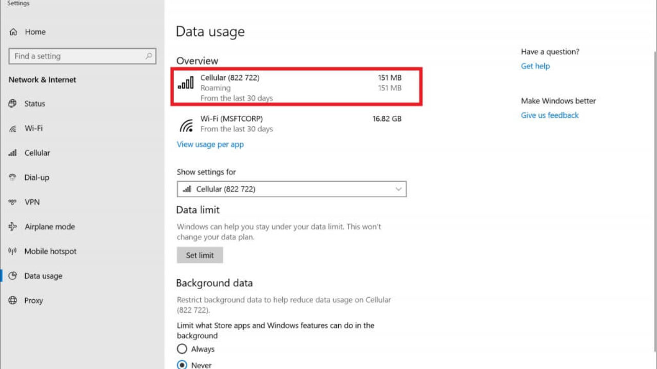 windows 10 data usage not working