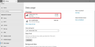 Data usage in Windows 10