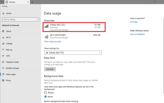 Data usage in Windows 10