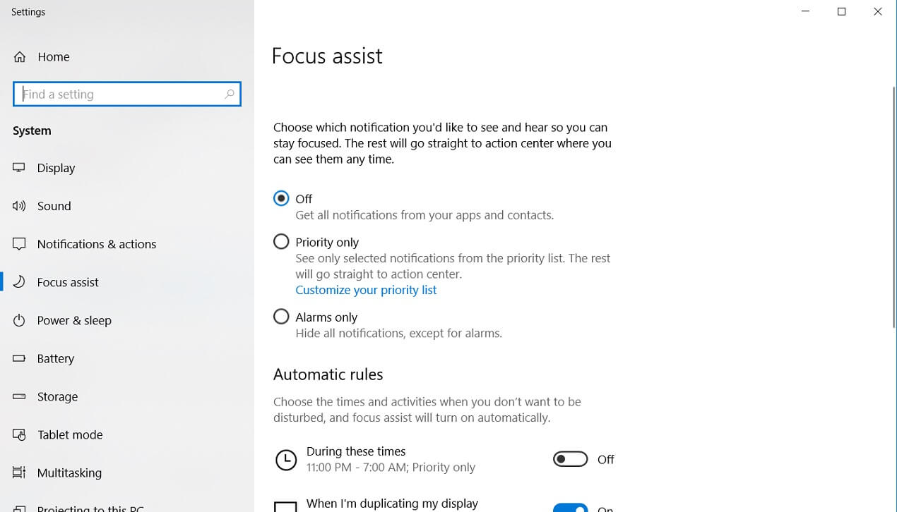 Focus Assist in Windows 10