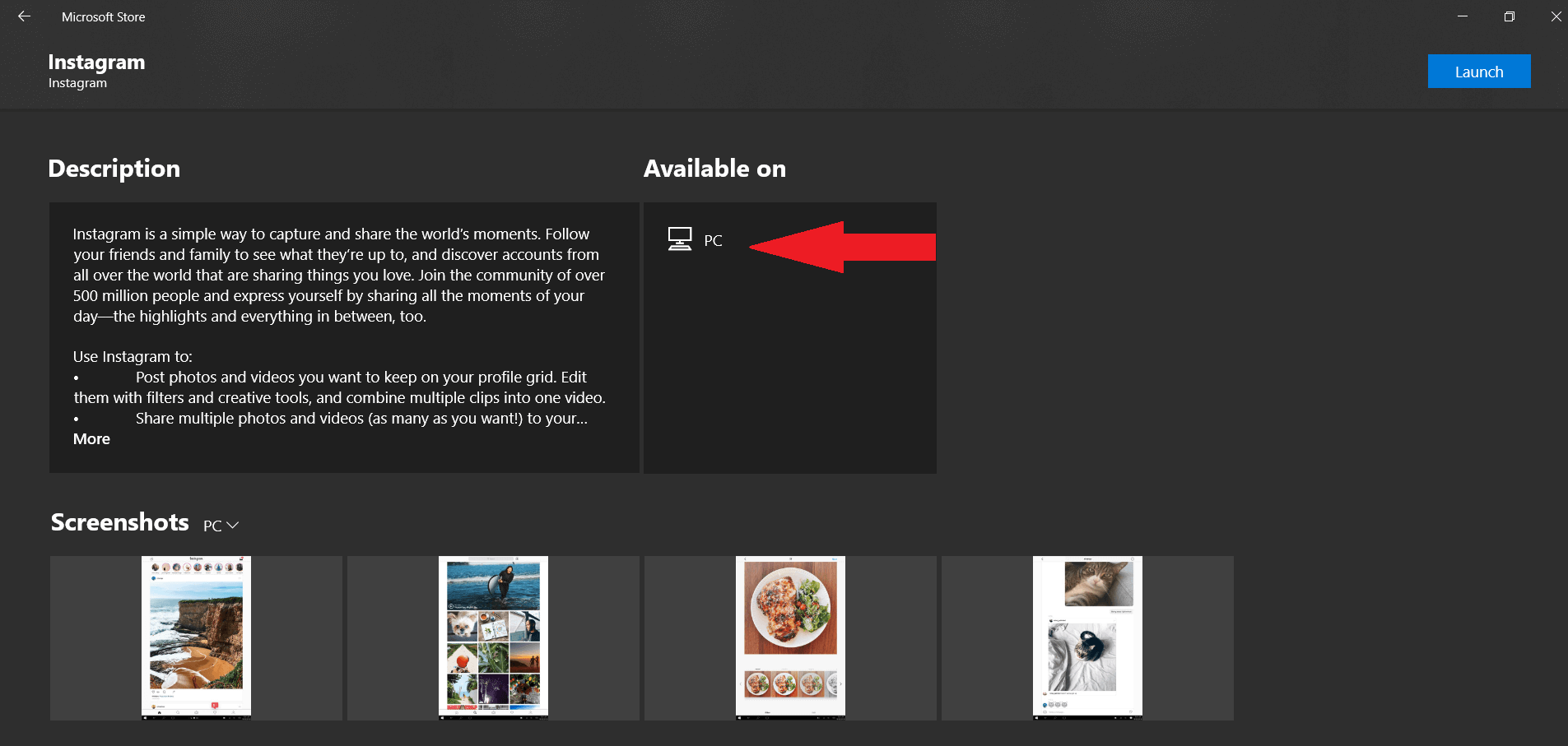 Instagram in Microsoft Store for PC