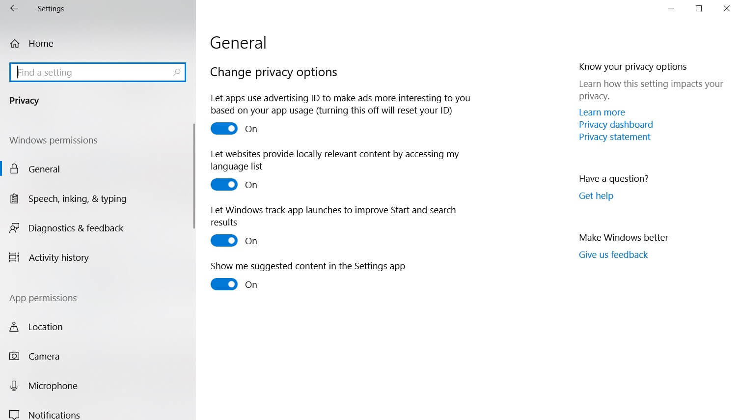 Privacy Settings in Windows 10