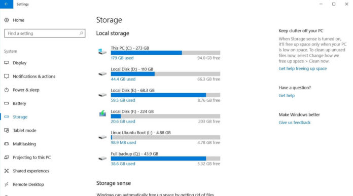 Storage in Windows 10