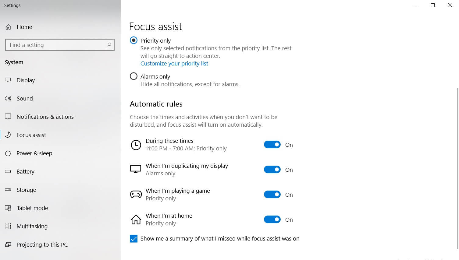 Windows 10 Focus Assist feature