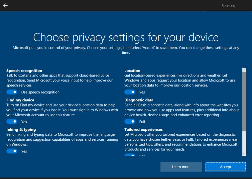 Schermata di impostazione della privacy di Windows 10