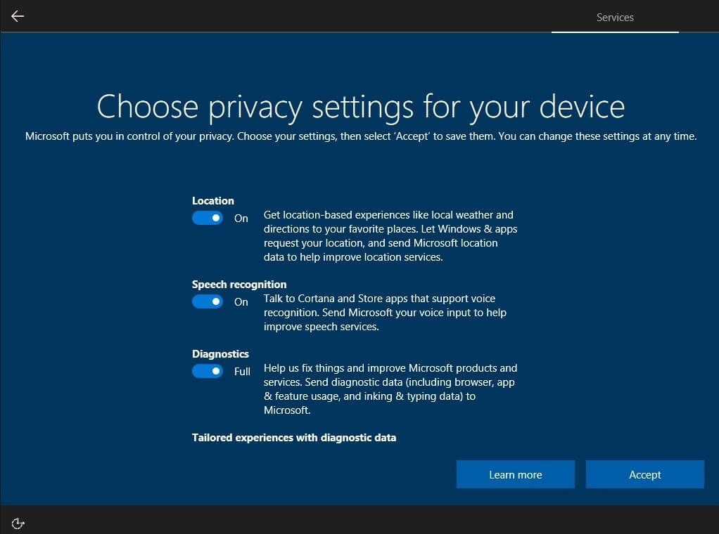 Windows 10 Privacy Setup screen (1)