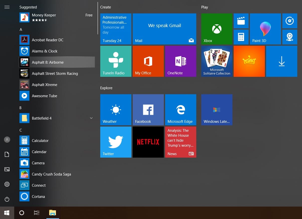 Windows 10 Start Menu with Fluent Design