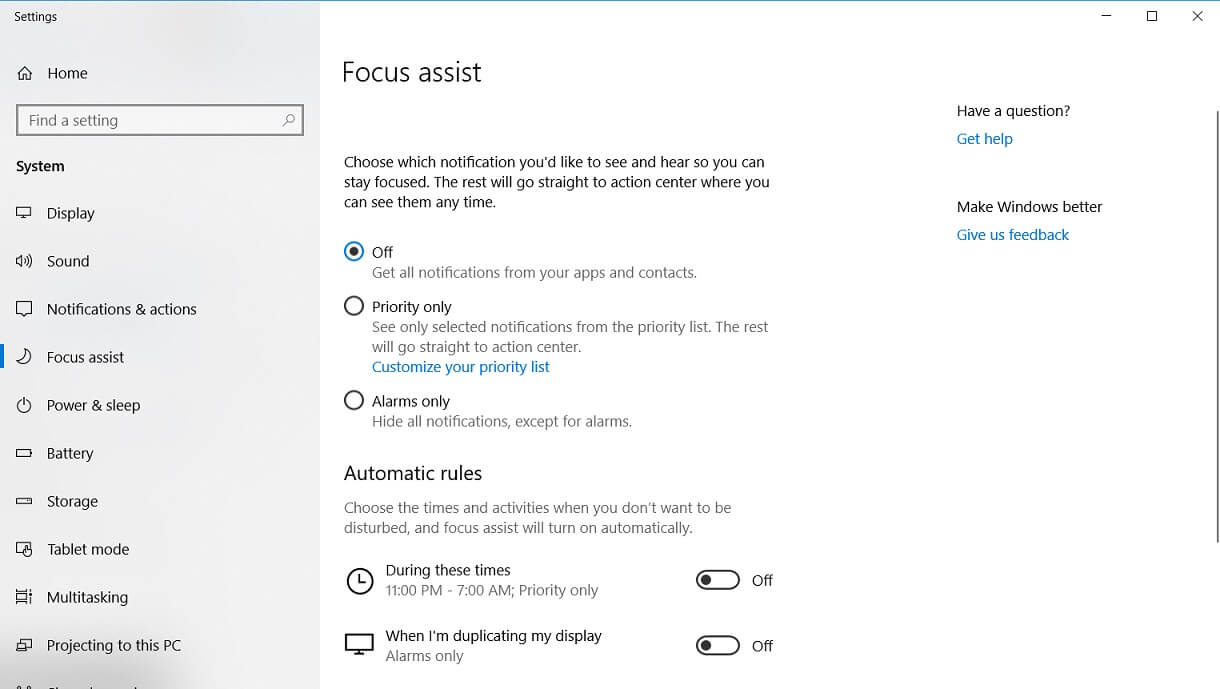 Focus Assist in Windows 10