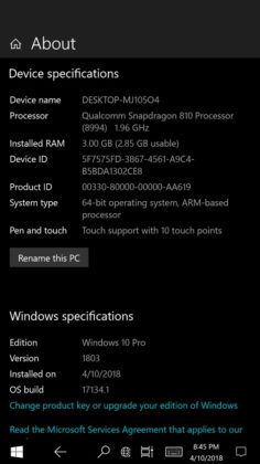 Settings in Lumia 950 XL with Windows 10 ARM