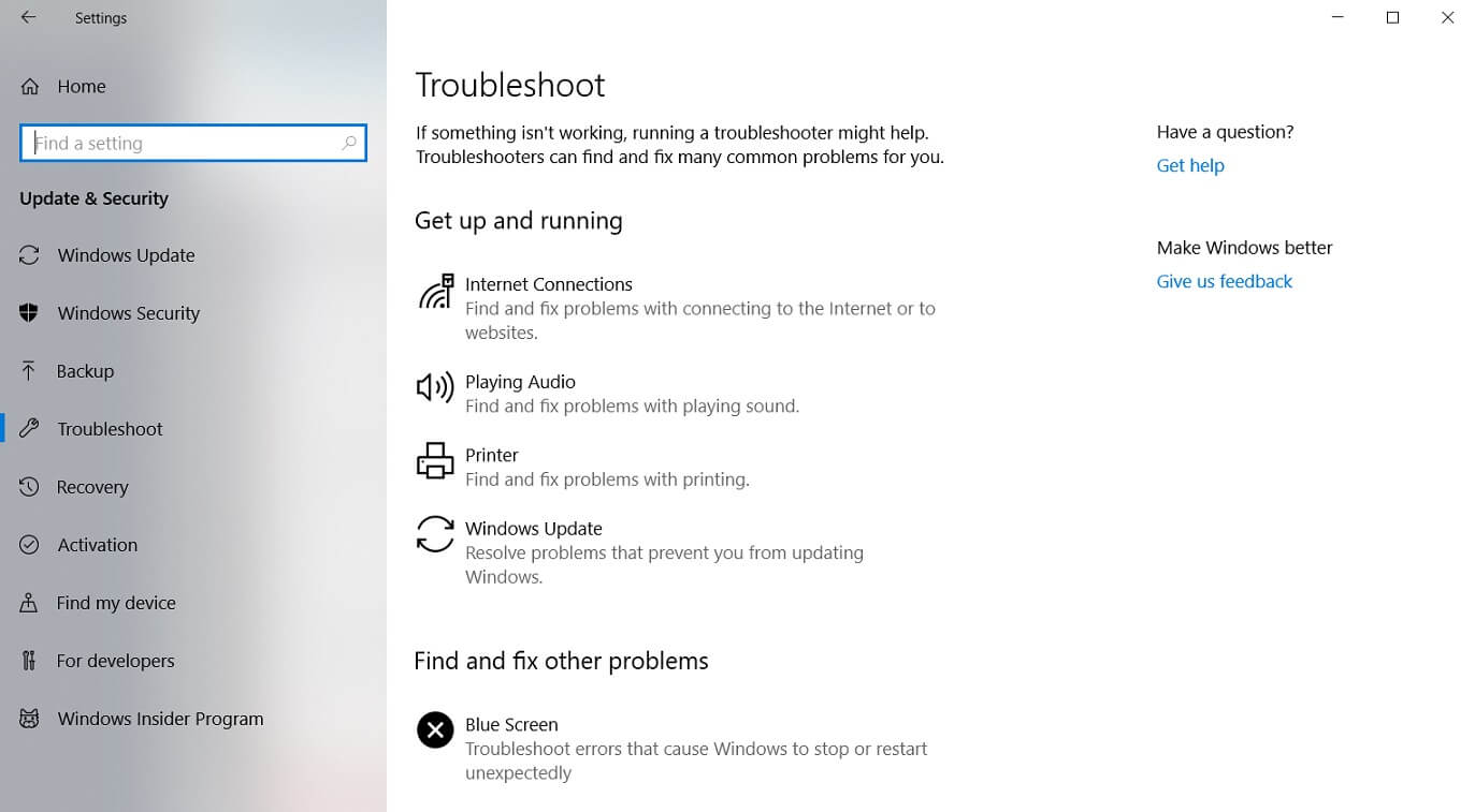 Troubleshoot Settings in Windows 10