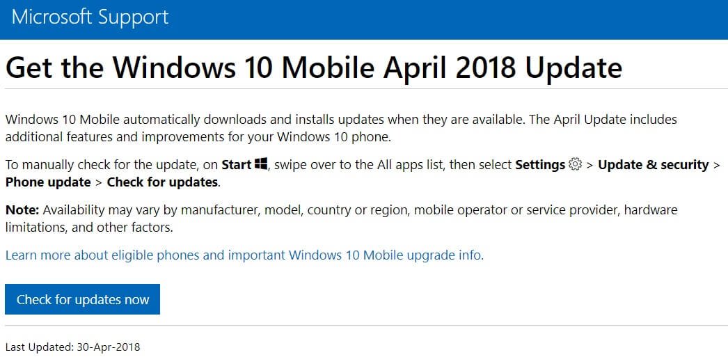 Windows 10 April 2018 Update support page