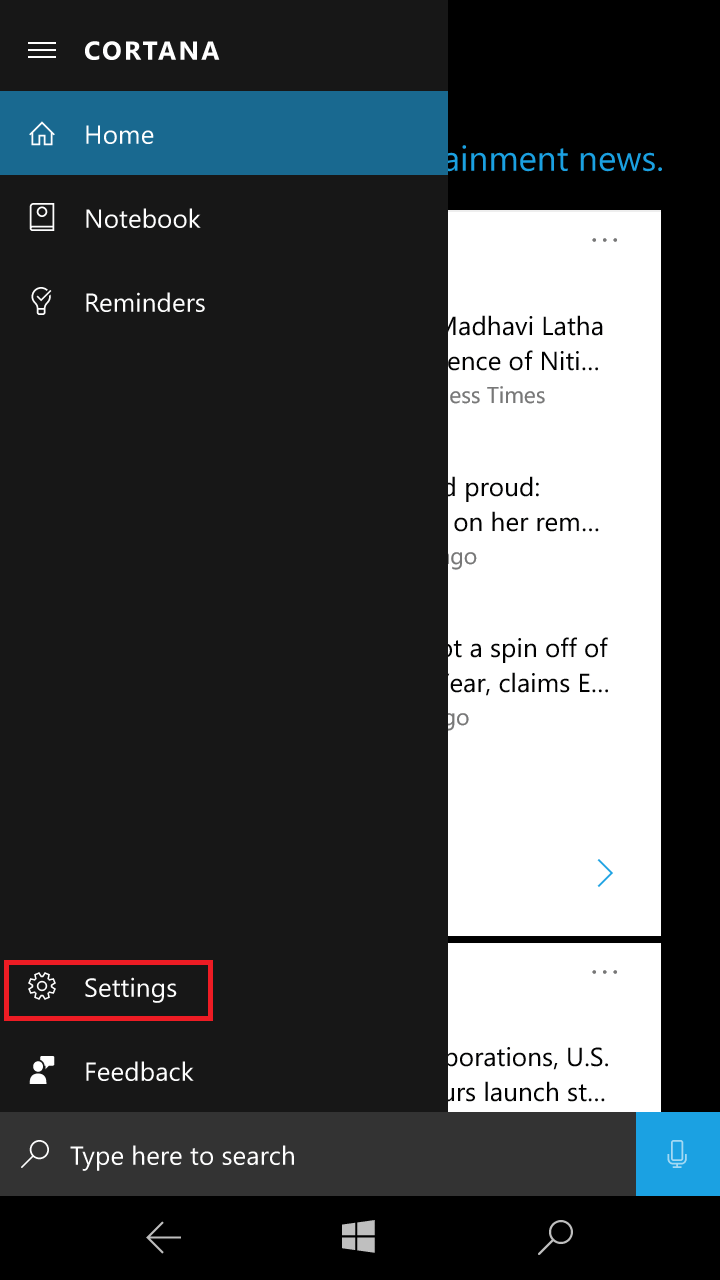 cortana settings