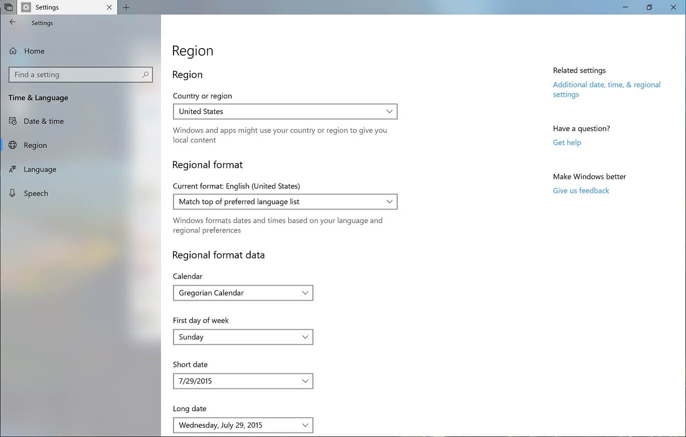 Windows 10 Region Settings