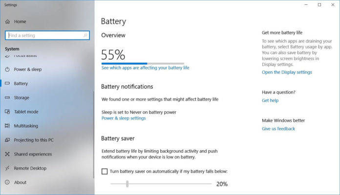 Windows 10 battery settings