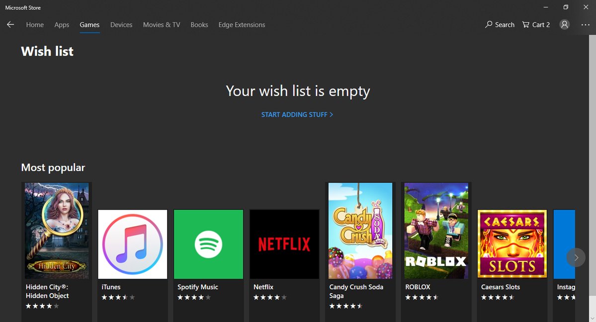 Wish list on Microsoft Store