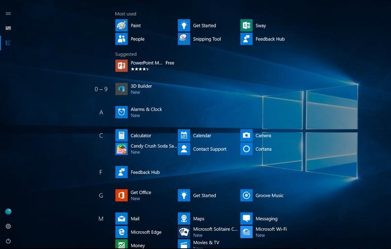 All apps menu in Windows 10 Start screen