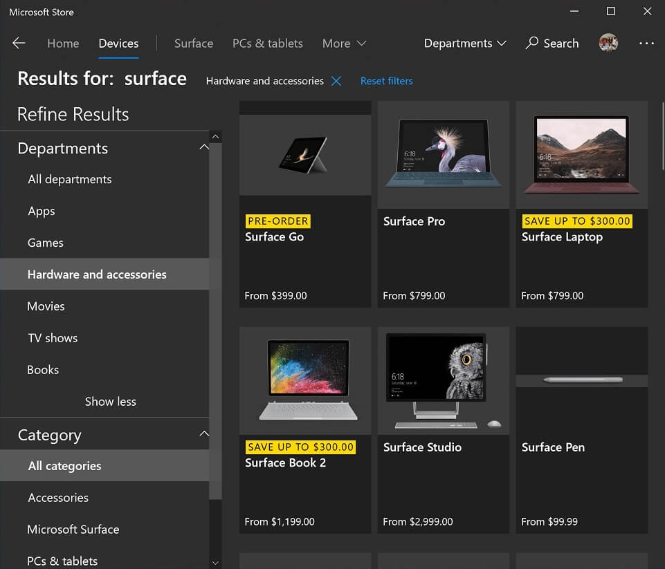 Microsoft Store filters setting