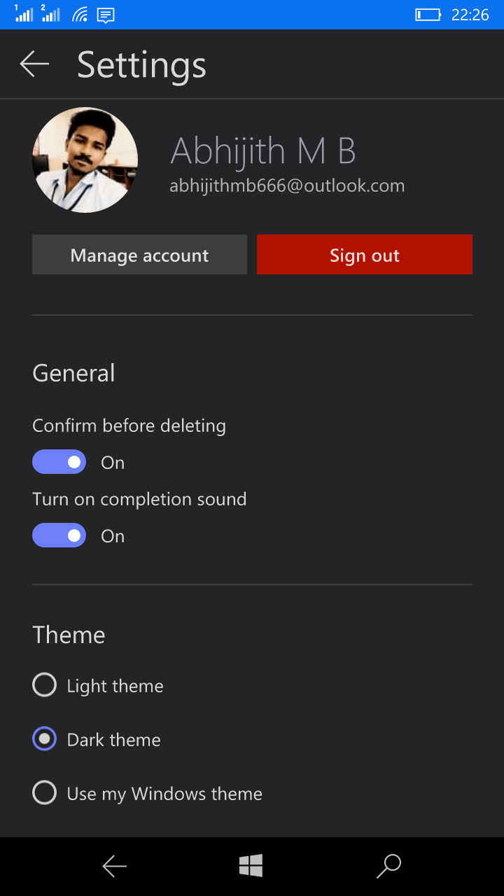 Microsoft To-Do settings