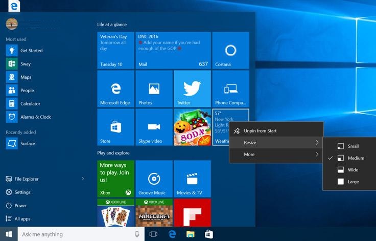 Start menu in November Update