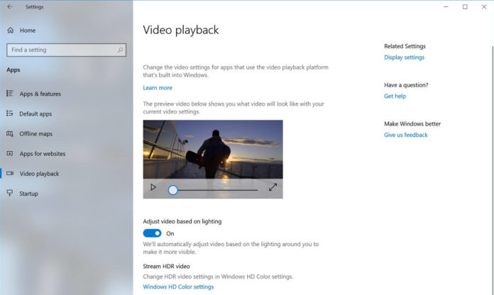 Windows 10 Video Playback settings