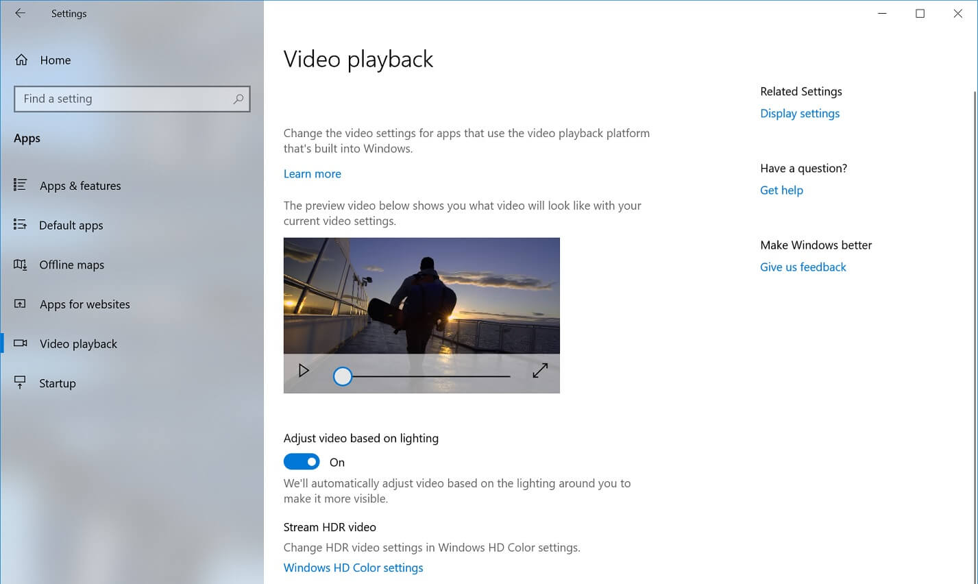 Windows 10 Video Playback settings