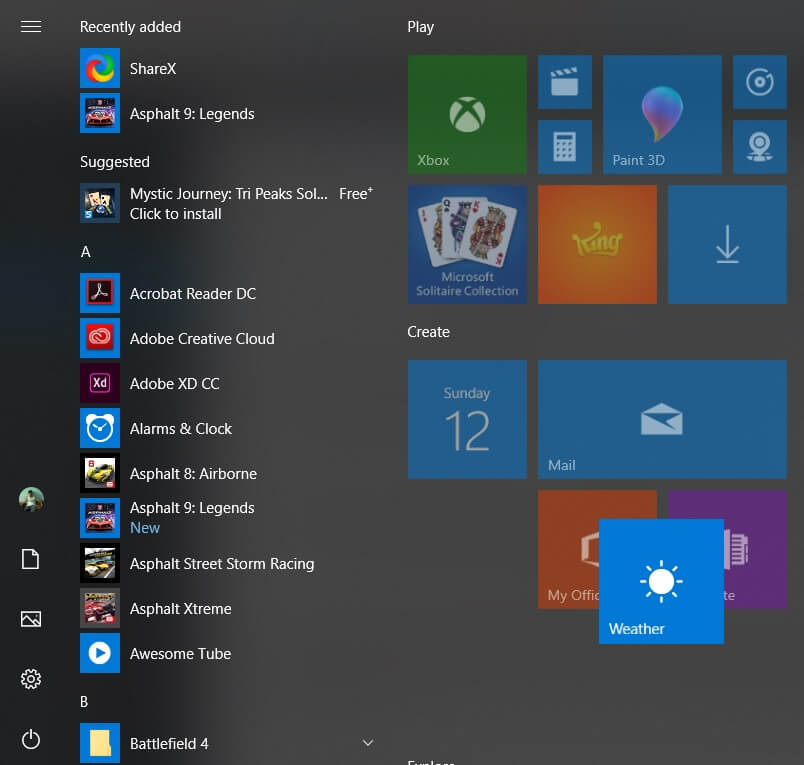 Windows 10 Start Menu Bug