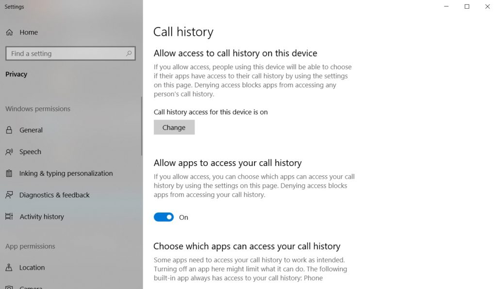 Call privacy feature in Windows 10