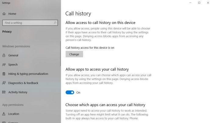 Call privacy feature in Windows 10