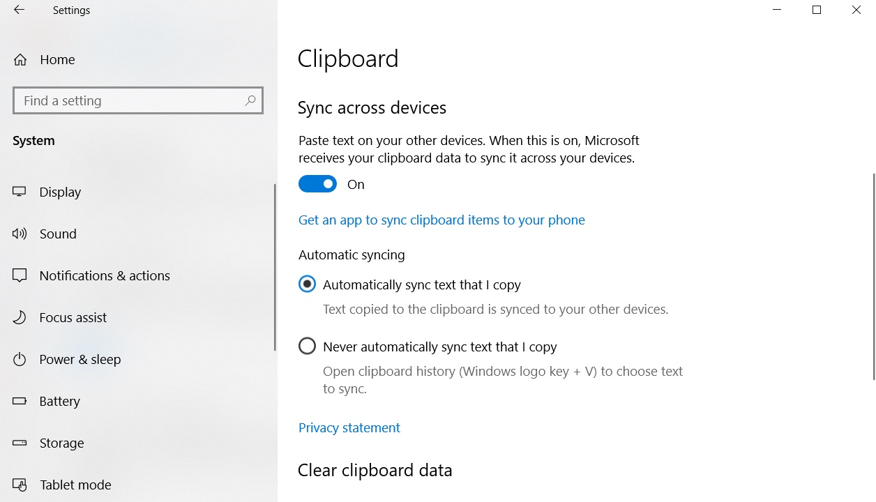 Clipboard sync settings