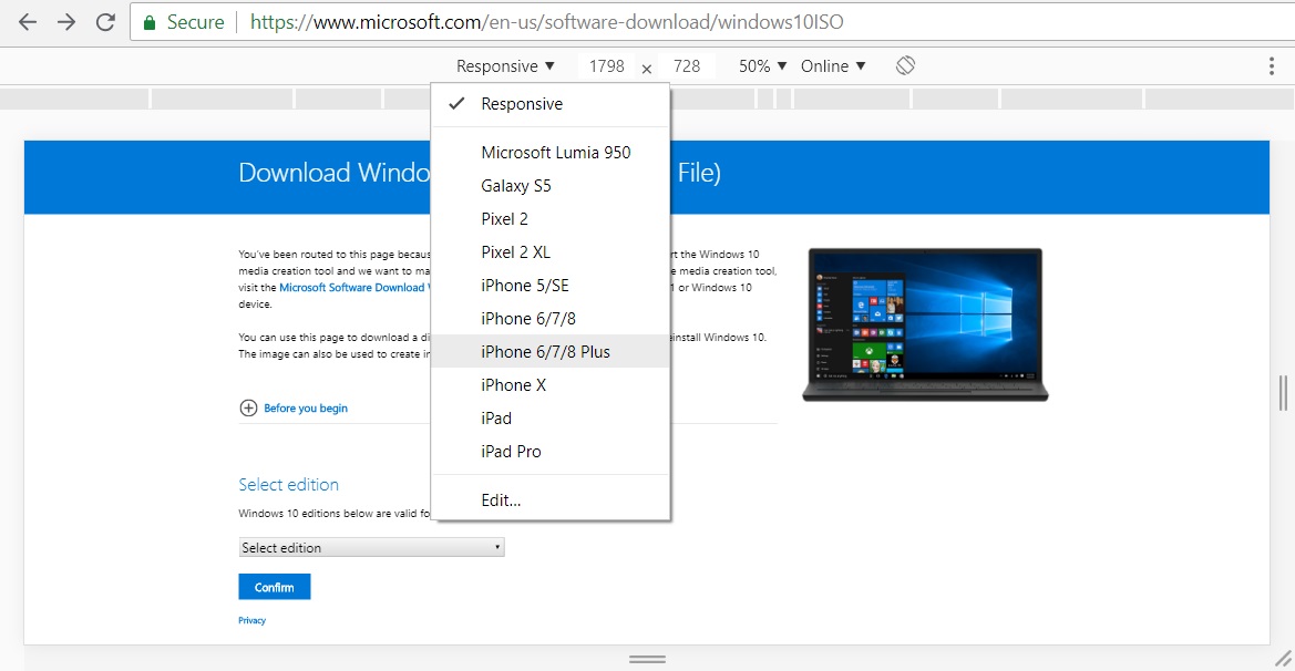Emulation tab in Chrome