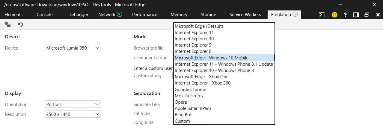 Emulation tab in Edge