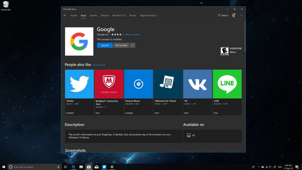 Google app for Windows 10 is no longer searchable in Store