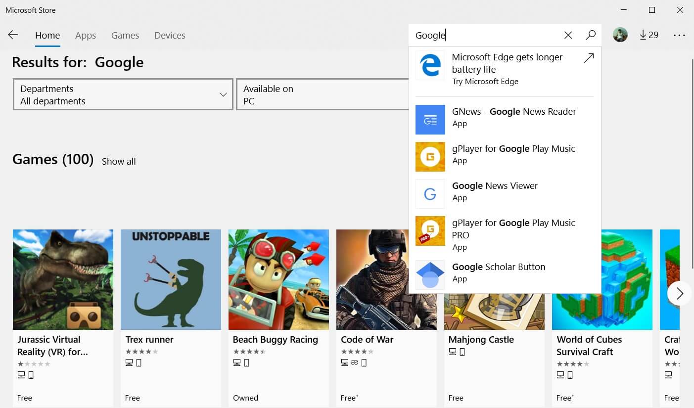 Die Google-App für Windows 10 kann im Store nicht mehr durchsucht