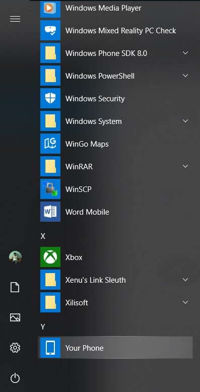 Your phone app in start menu