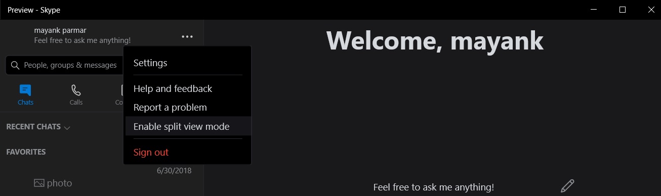 Skype Split View mode