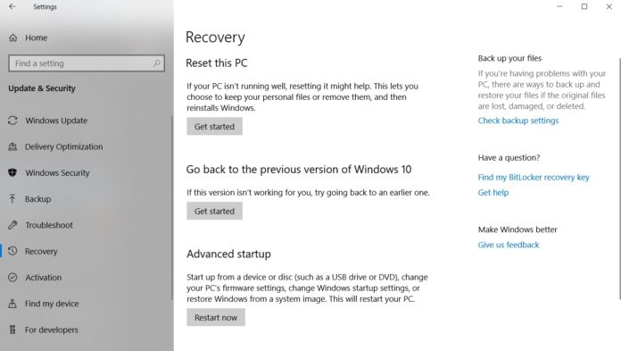 Windows 10 October 2018 Update recovery