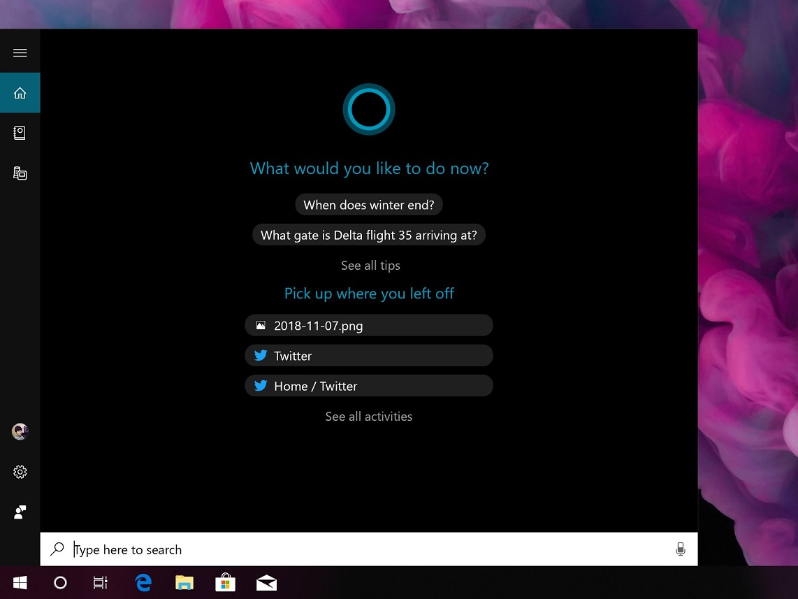 Cortana UI homepage