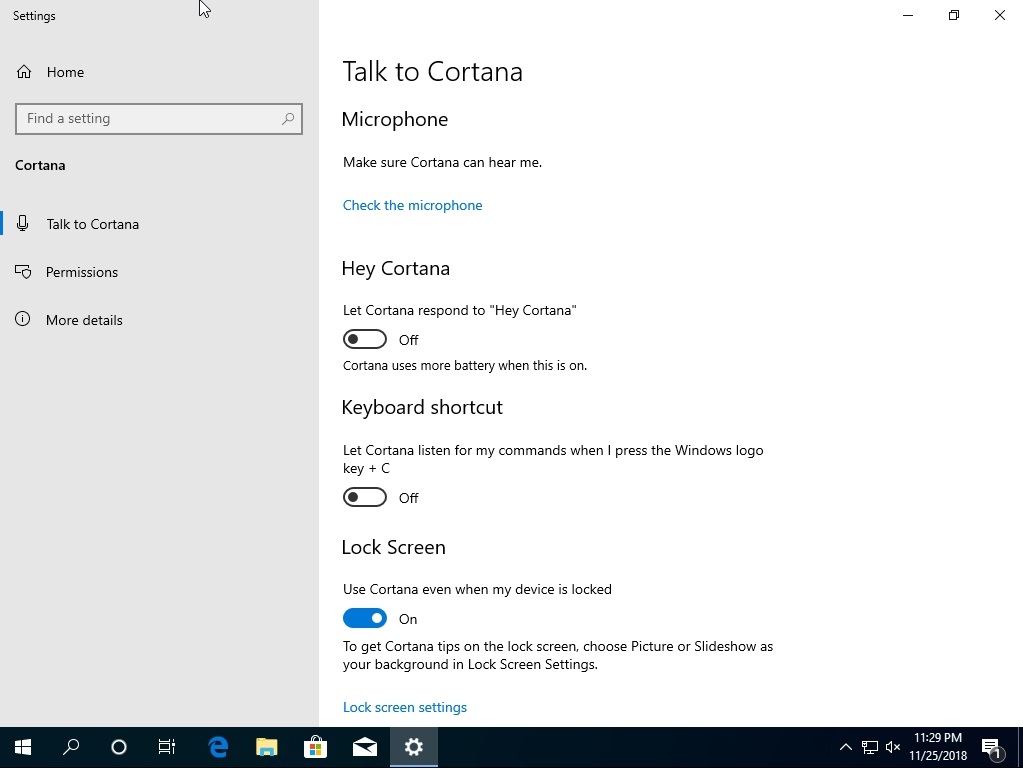 Cortana settings page