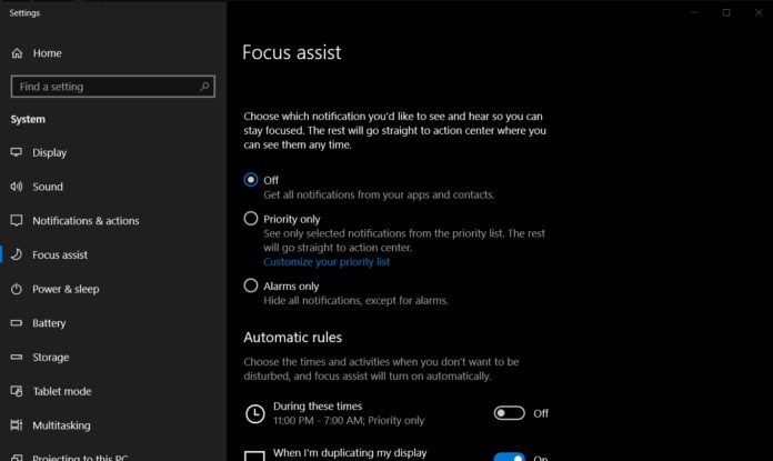 Focus Assist in Windows 10