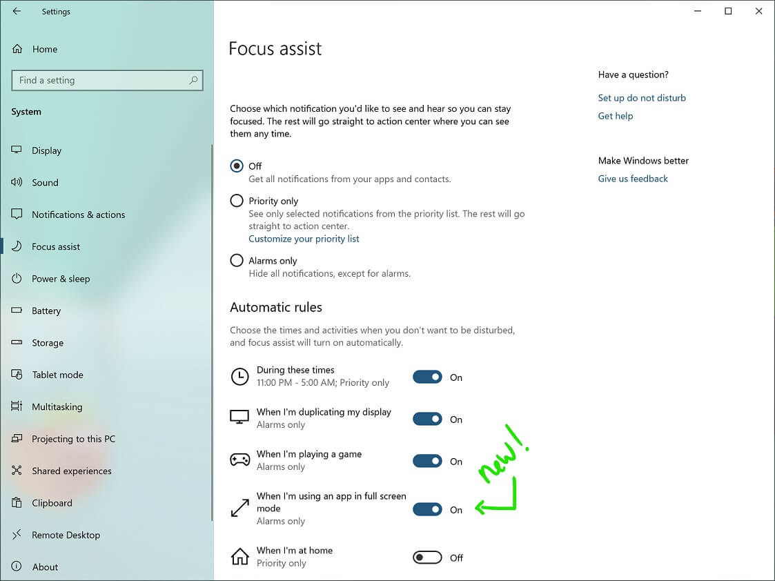 Focus Assist settings